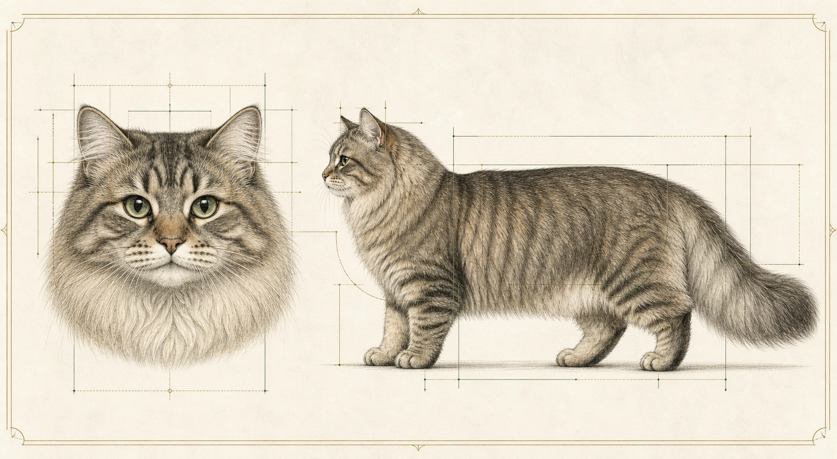 Planche illustrée de la tête et de la morphologie du chat Sibérien